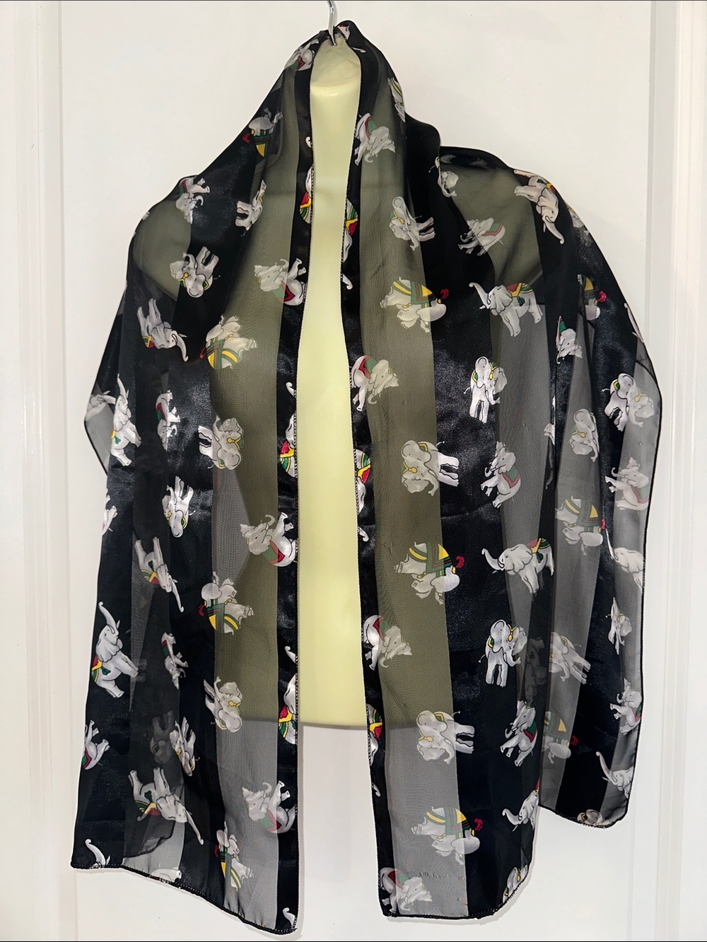 Fun Vintage Circus Elephant Print‎ Black Semi Sheer Polyester Scarf